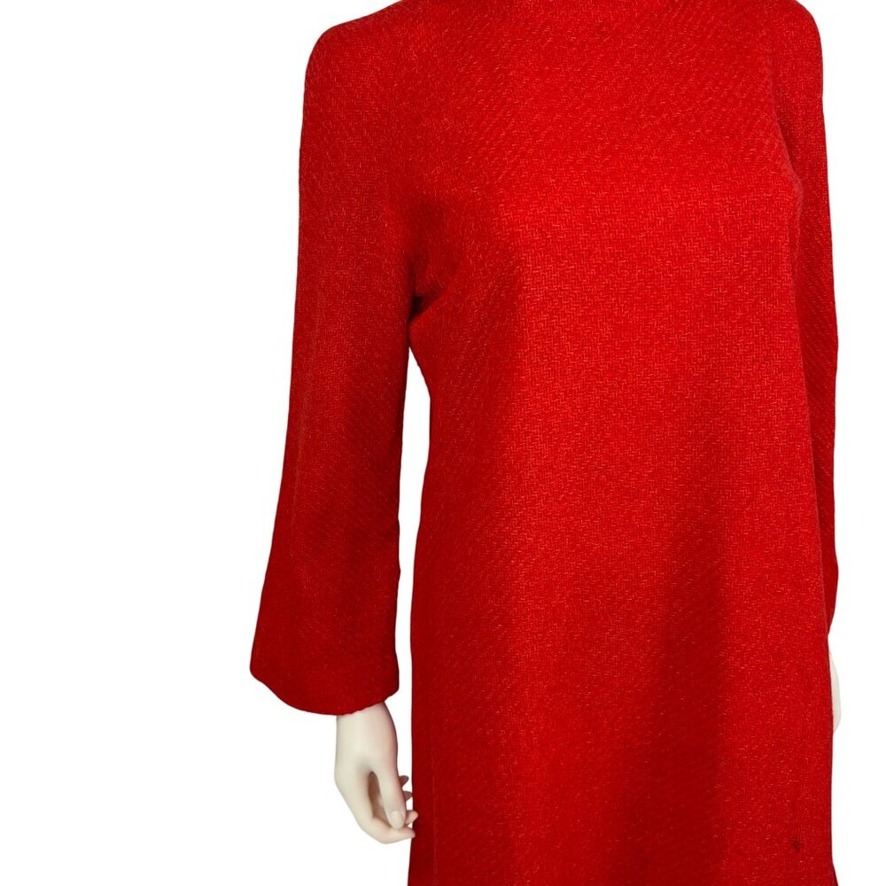 Vintage 70s Tweed Dress Womens Large Long Bell Sleeves Red Orange Woven Mini - Picture 5 of 10